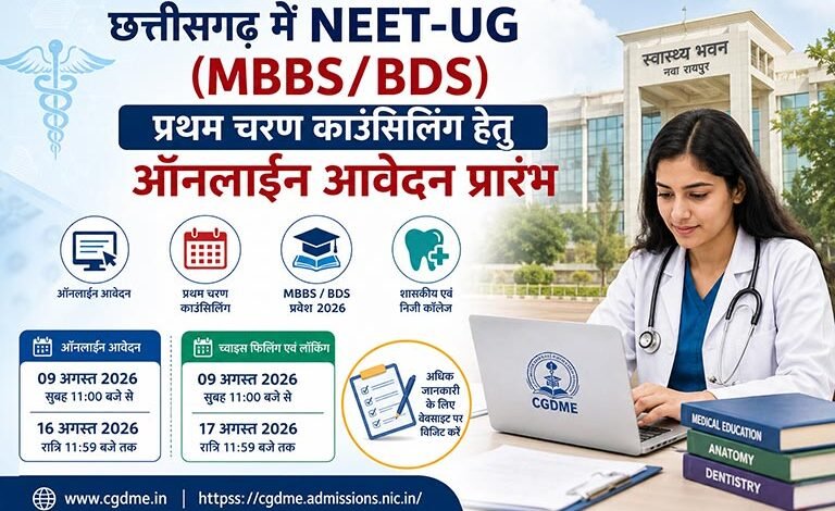 छत्तीसगढ़ में NEET-UG (MBBS/BDS) प्रथम चरण काउंसिलिंग हेतु ऑनलाईन आवेदन प्रारंभ छत्तीसगढ़ में NEET-UG (MBBS/BDS) प्रथम चरण काउंसिलिंग हेतु ऑनलाईन आवेदन प्रारंभ